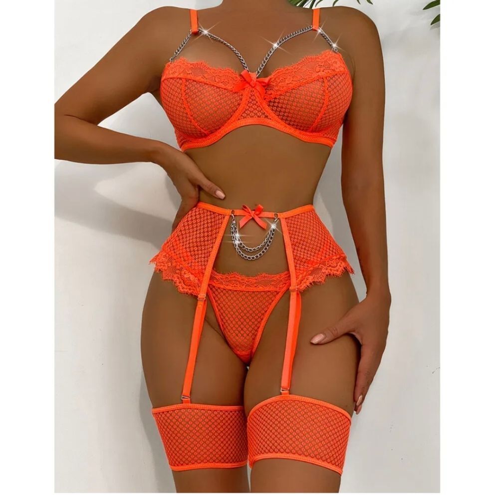 Sexy Garter Set Lingerie For Women Fishnet Underwire Lace 4 Piece Sleepwear US